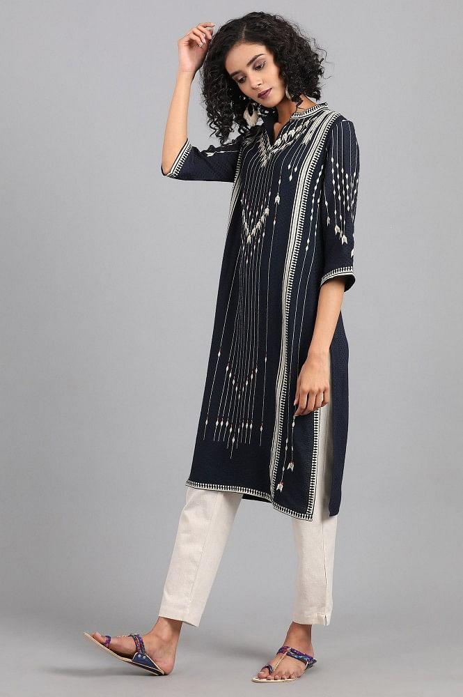 Navy Blue Mandarin Neck Printed kurta - wforwoman