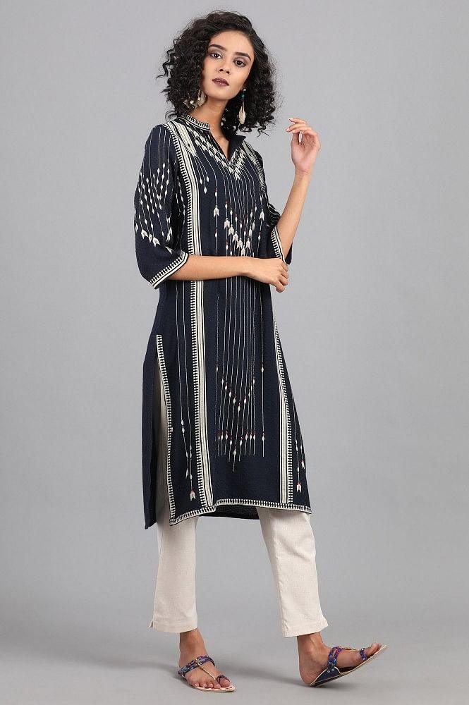 Navy Blue Mandarin Neck Printed kurta - wforwoman