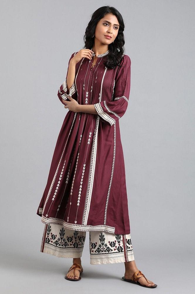 Purple Mandarin Neck Printed kurta - wforwoman