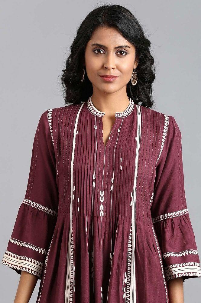 Purple Mandarin Neck Printed kurta - wforwoman