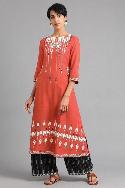 Orange Round Neck Printed kurta - wforwoman