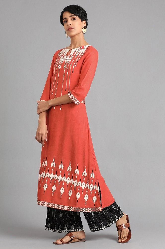 Orange Round Neck Printed kurta - wforwoman