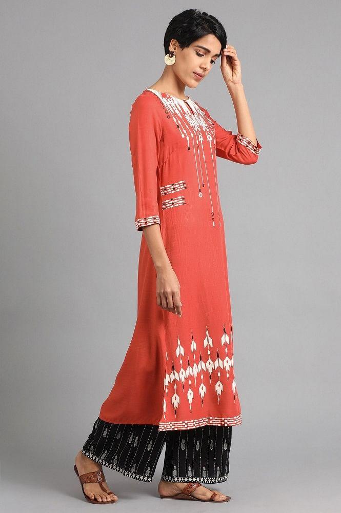 Orange Round Neck Printed kurta - wforwoman