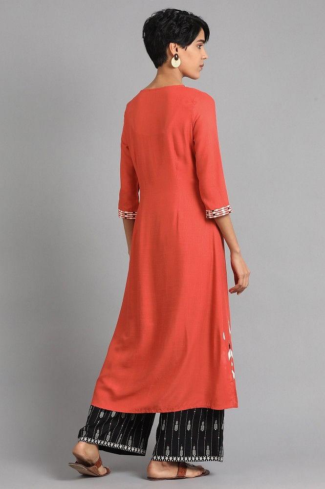 Orange Round Neck Printed kurta - wforwoman