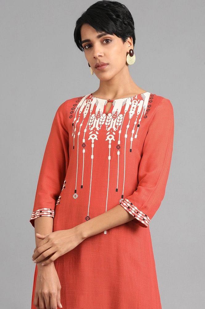 Orange Round Neck Printed kurta - wforwoman