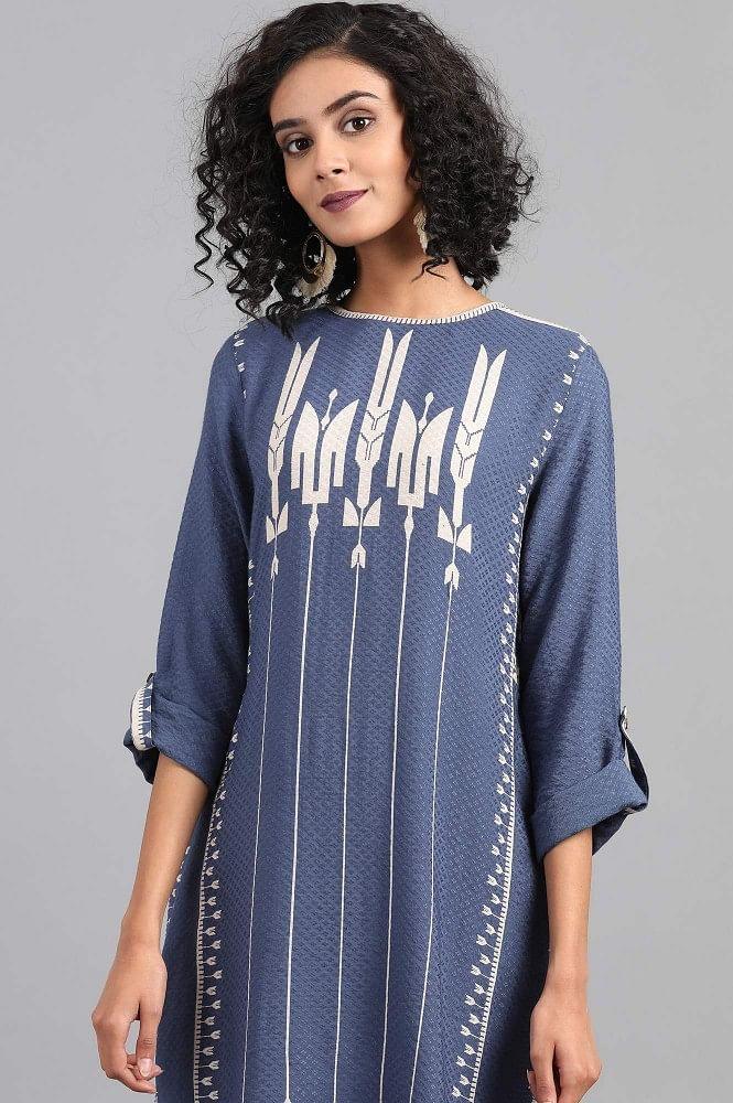 Blue Mandarin Neck Printed kurta - wforwoman