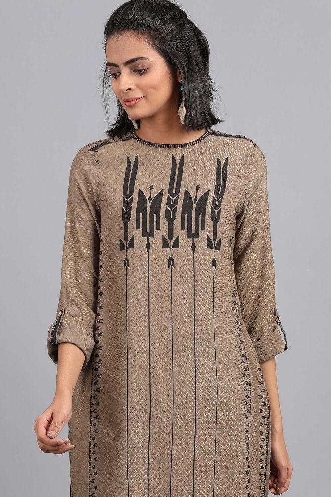 Brown Mandarin Neck Printed kurta - wforwoman