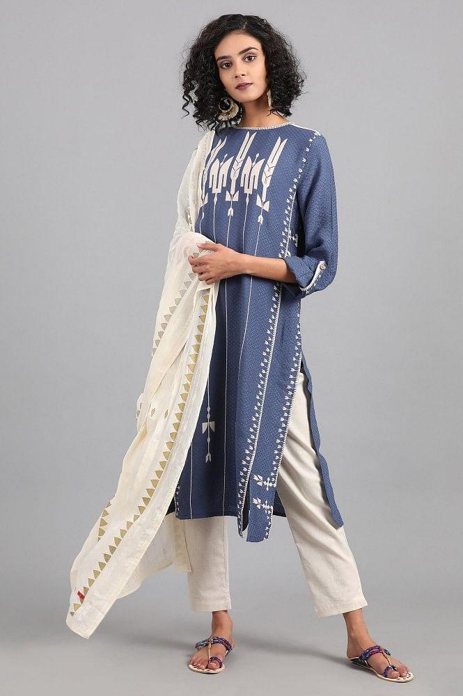 Blue Mandarin Neck Printed kurta - wforwoman