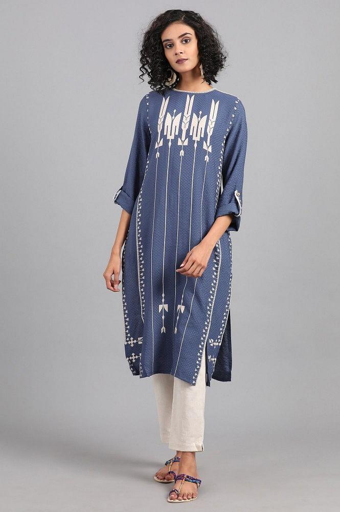 Blue Mandarin Neck Printed kurta - wforwoman