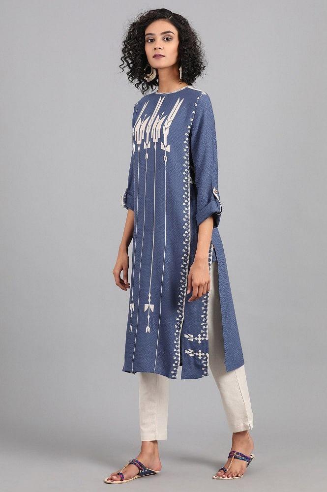 Blue Mandarin Neck Printed kurta - wforwoman