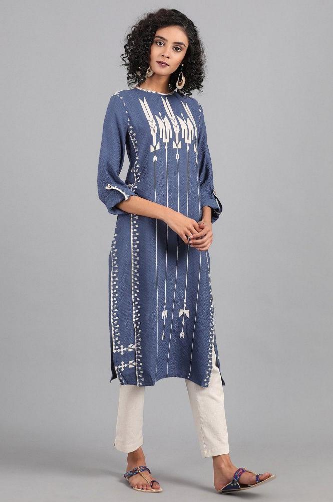 Blue Mandarin Neck Printed kurta - wforwoman