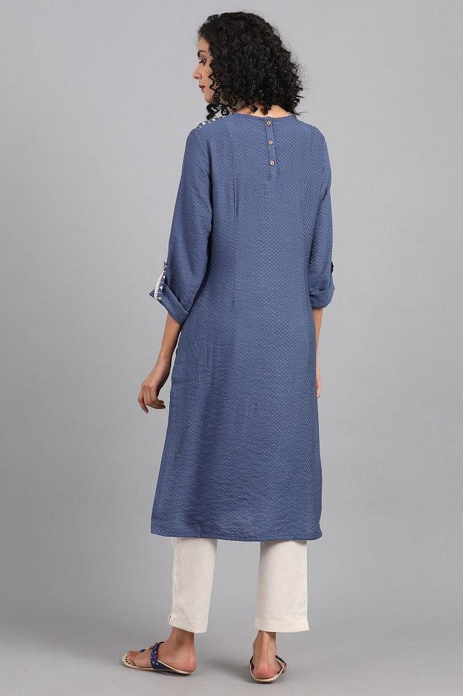 Blue Mandarin Neck Printed kurta - wforwoman