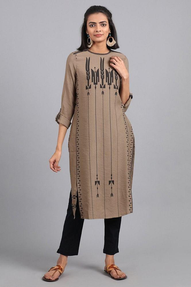 Brown Mandarin Neck Printed kurta - wforwoman