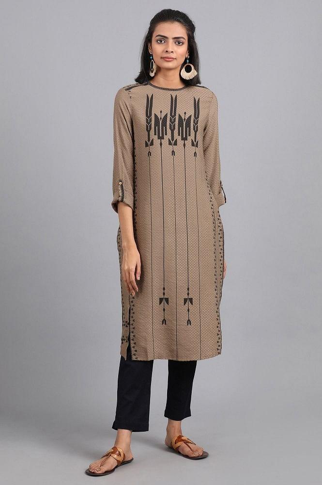 Brown Mandarin Neck Printed kurta - wforwoman