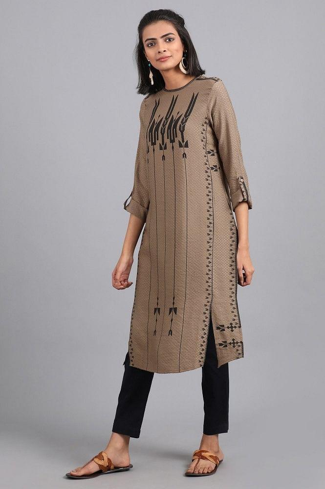 Brown Mandarin Neck Printed kurta - wforwoman