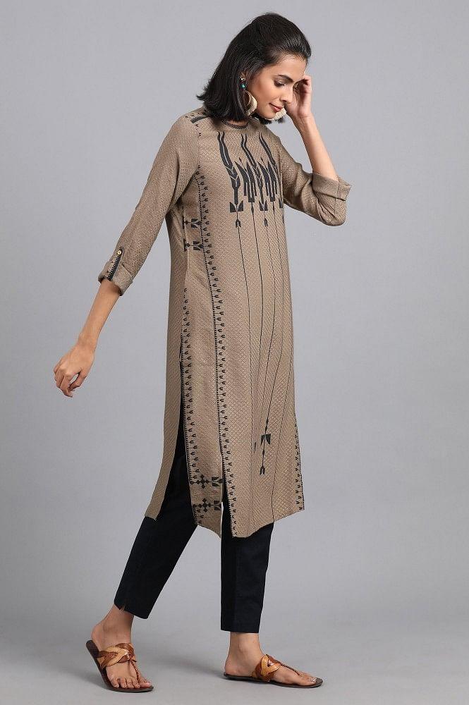 Brown Mandarin Neck Printed kurta - wforwoman