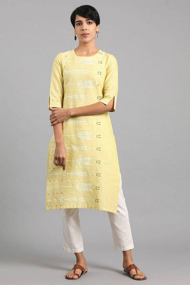 Yellow Round Neck Printed kurta - wforwoman