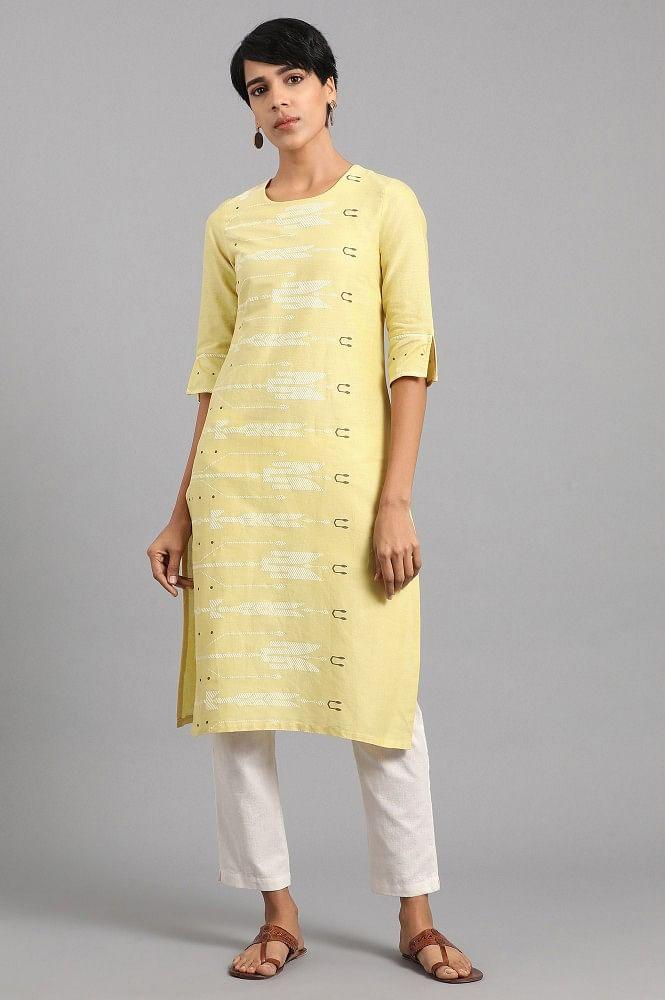 Yellow Round Neck Printed kurta - wforwoman