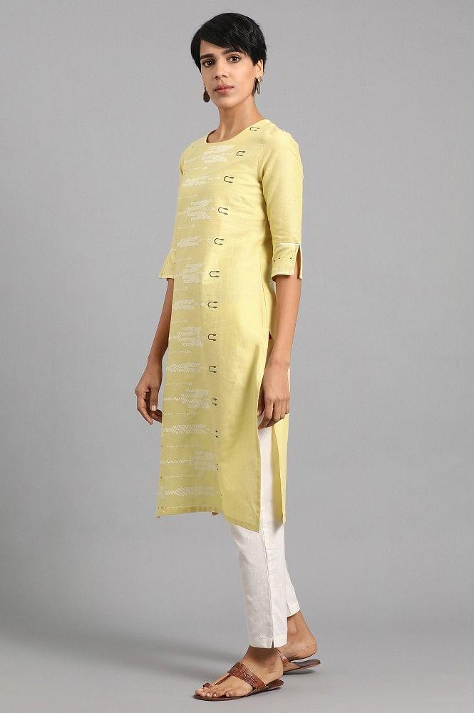 Yellow Round Neck Printed kurta - wforwoman