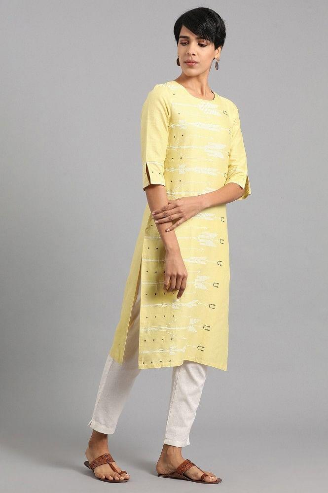 Yellow Round Neck Printed kurta - wforwoman