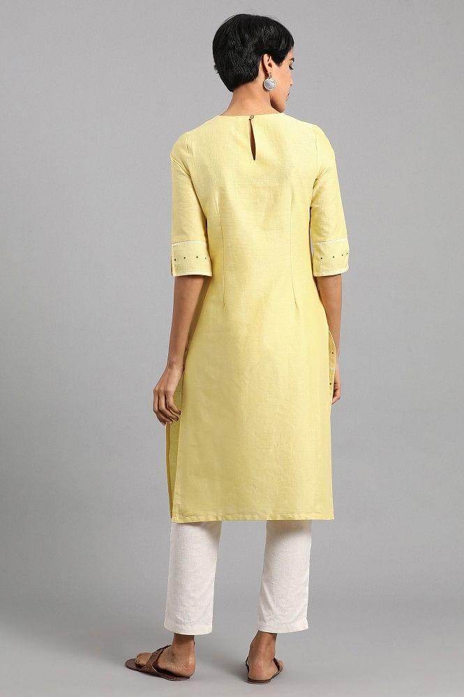 Yellow Round Neck Printed kurta - wforwoman