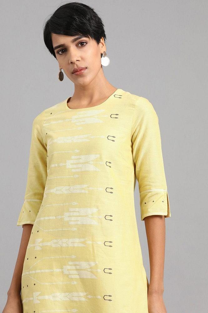 Yellow Round Neck Printed kurta - wforwoman