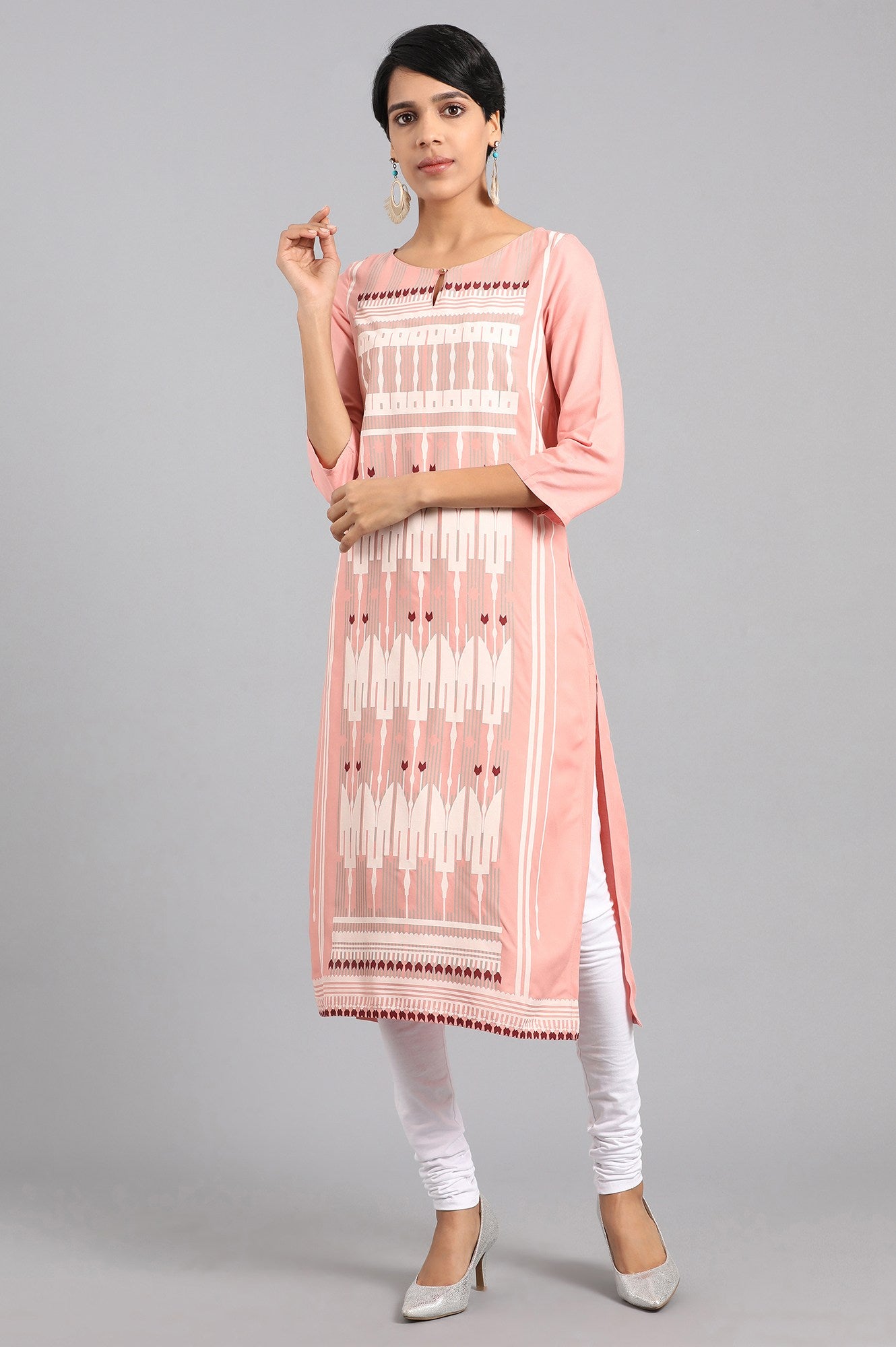 Pink Round Neck Printed kurta