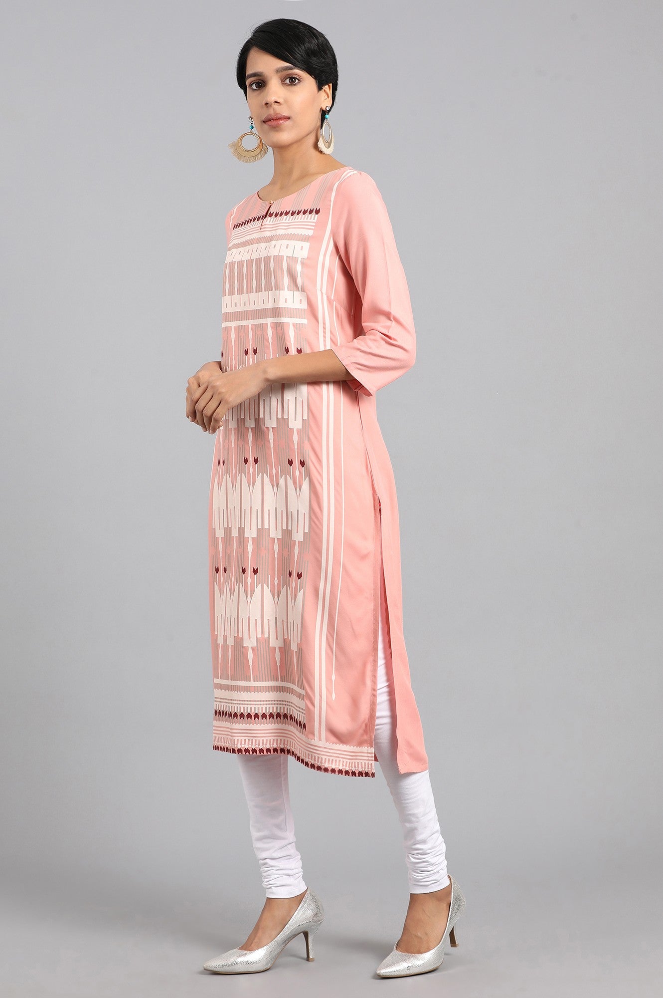 Pink Round Neck Printed kurta