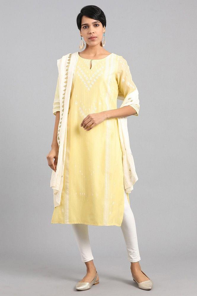 Yellow Round Neck Printed kurta - wforwoman