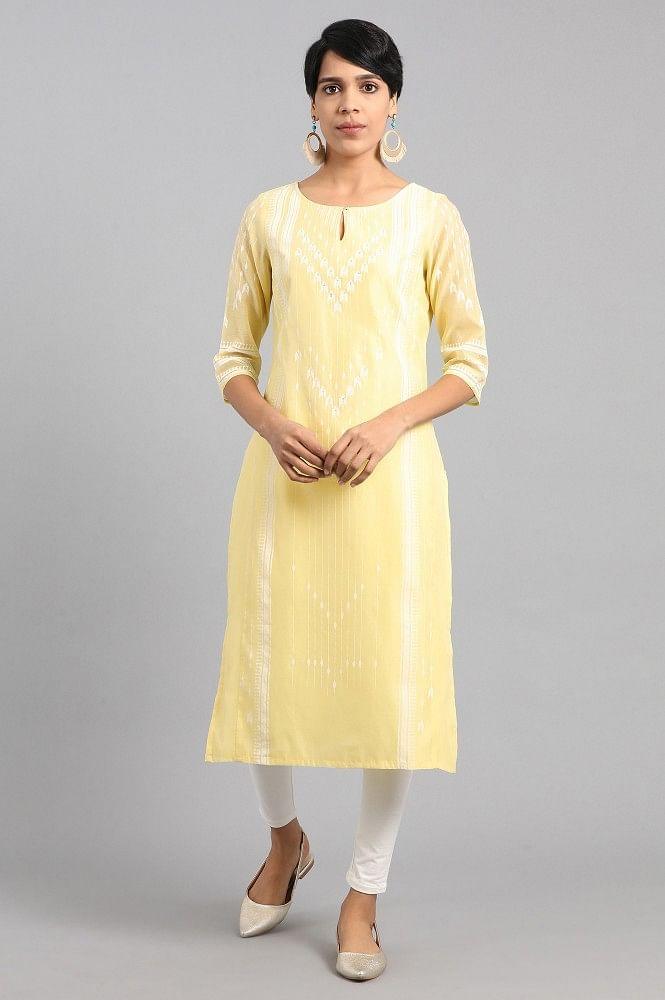 Yellow Round Neck Printed kurta - wforwoman