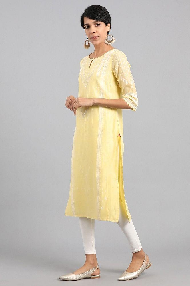 Yellow Round Neck Printed kurta - wforwoman