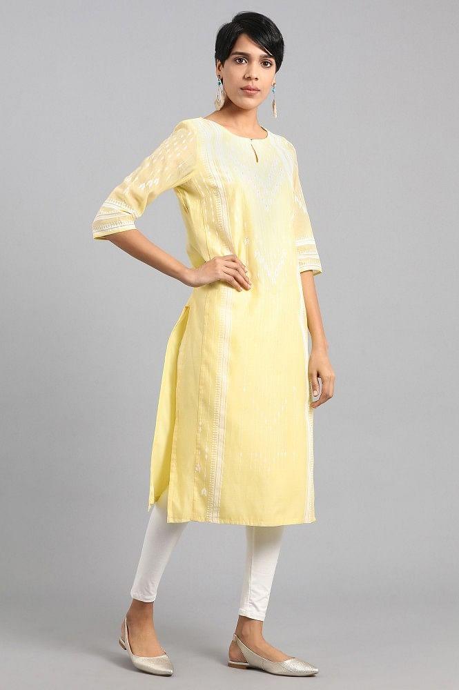 Yellow Round Neck Printed kurta - wforwoman