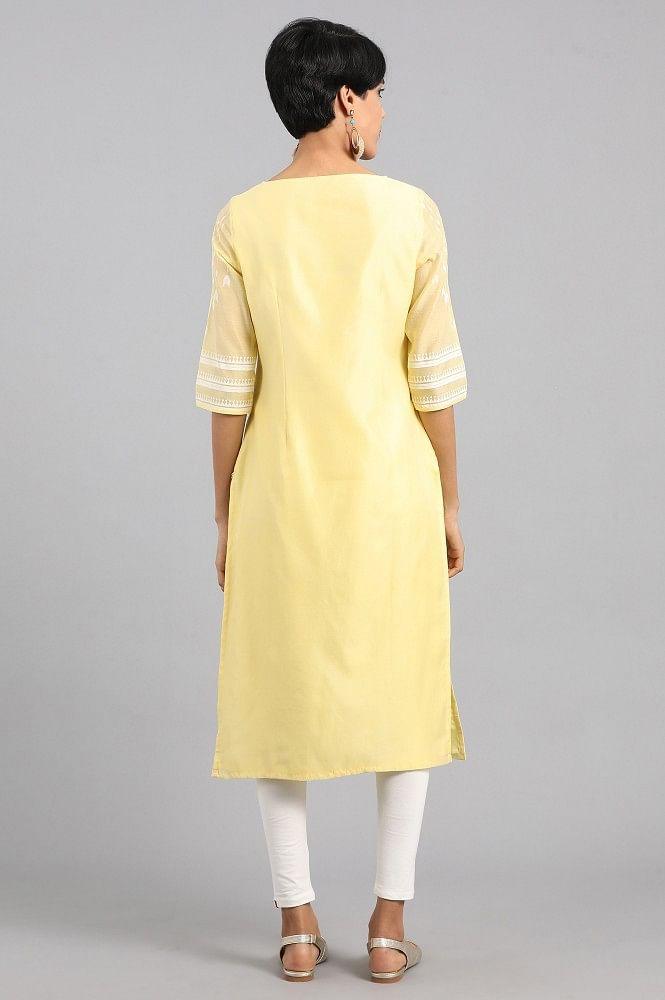 Yellow Round Neck Printed kurta - wforwoman