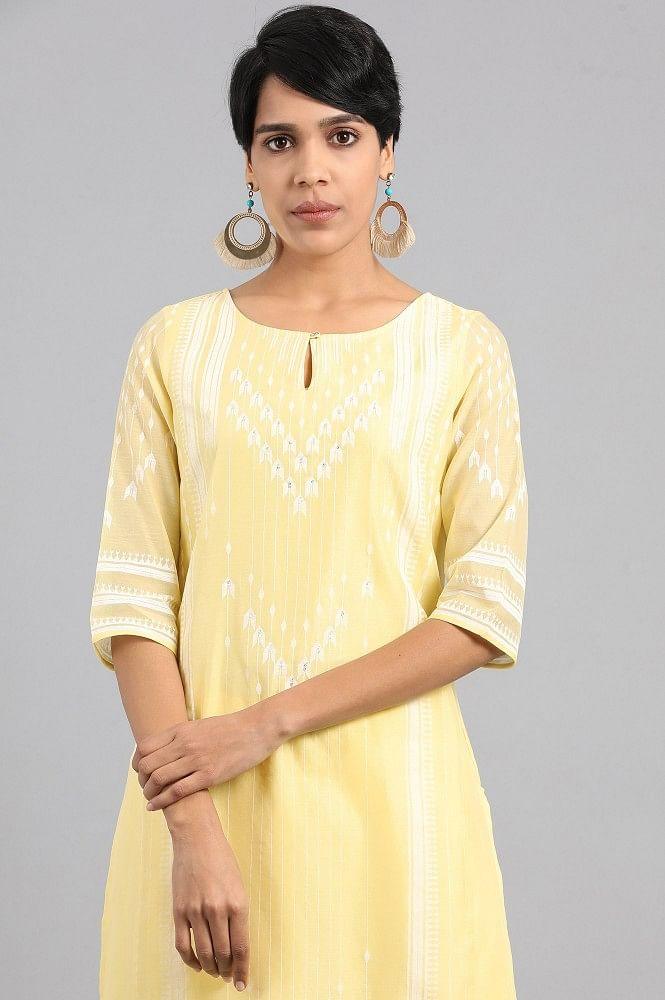 Yellow Round Neck Printed kurta - wforwoman