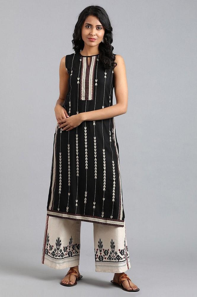 Black Round Neck Printed kurta - wforwoman