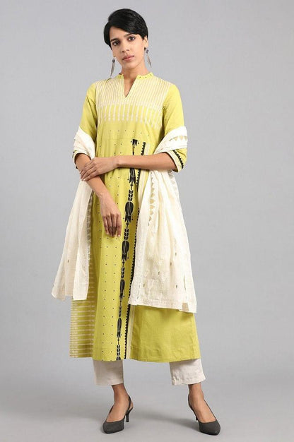 Lime Green Mandarin Neck Printed kurta - wforwoman