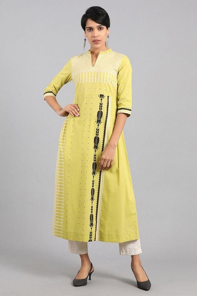 Lime Green Mandarin Neck Printed kurta - wforwoman