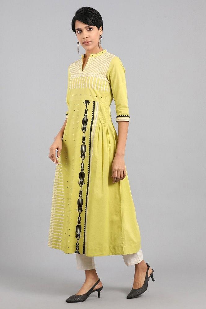 Lime Green Mandarin Neck Printed kurta - wforwoman