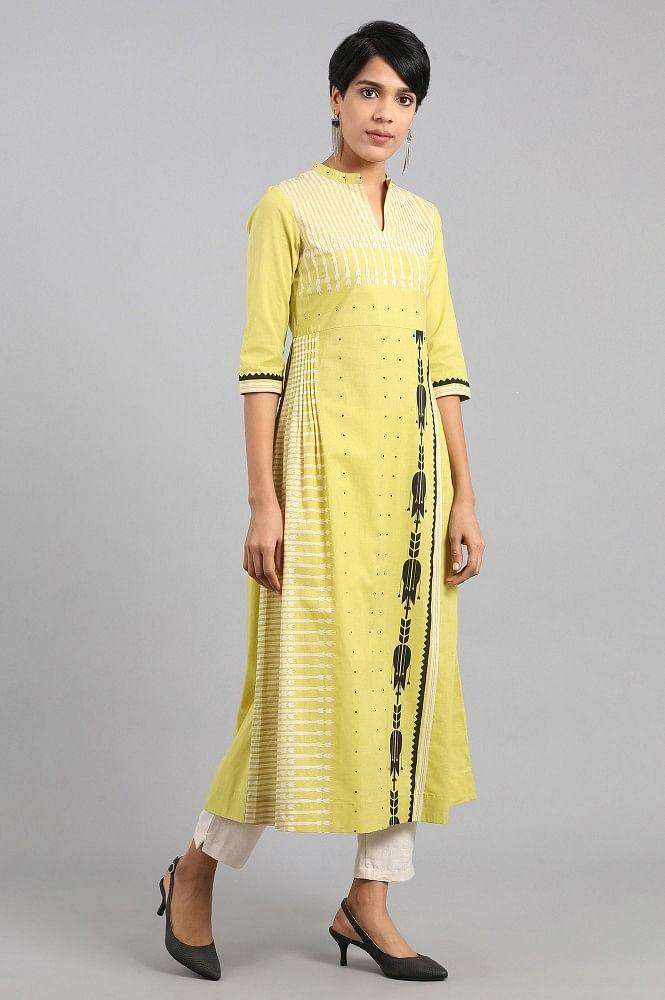 Lime Green Mandarin Neck Printed kurta - wforwoman