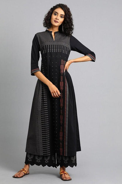 Black Mandarin Neck Printed kurta - wforwoman