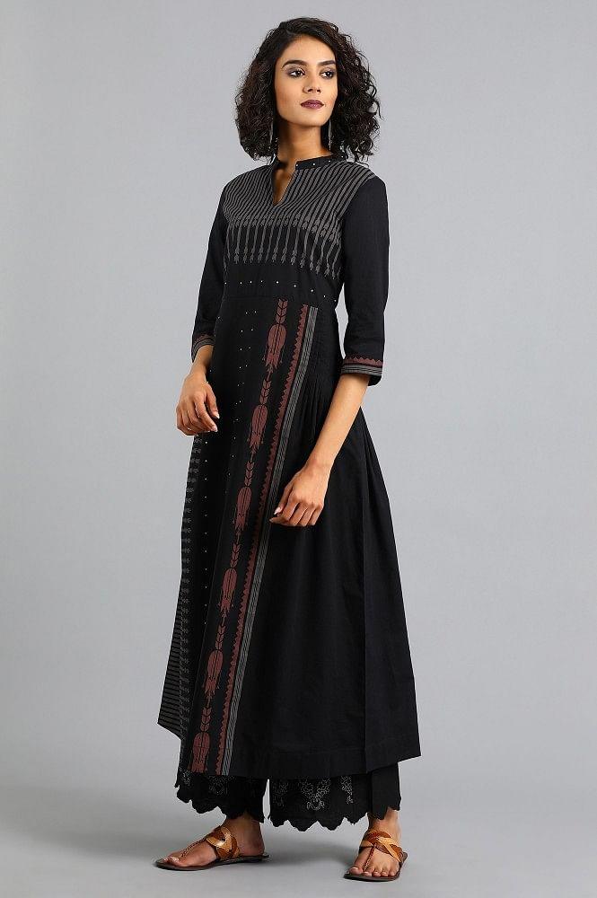 Black Mandarin Neck Printed kurta - wforwoman