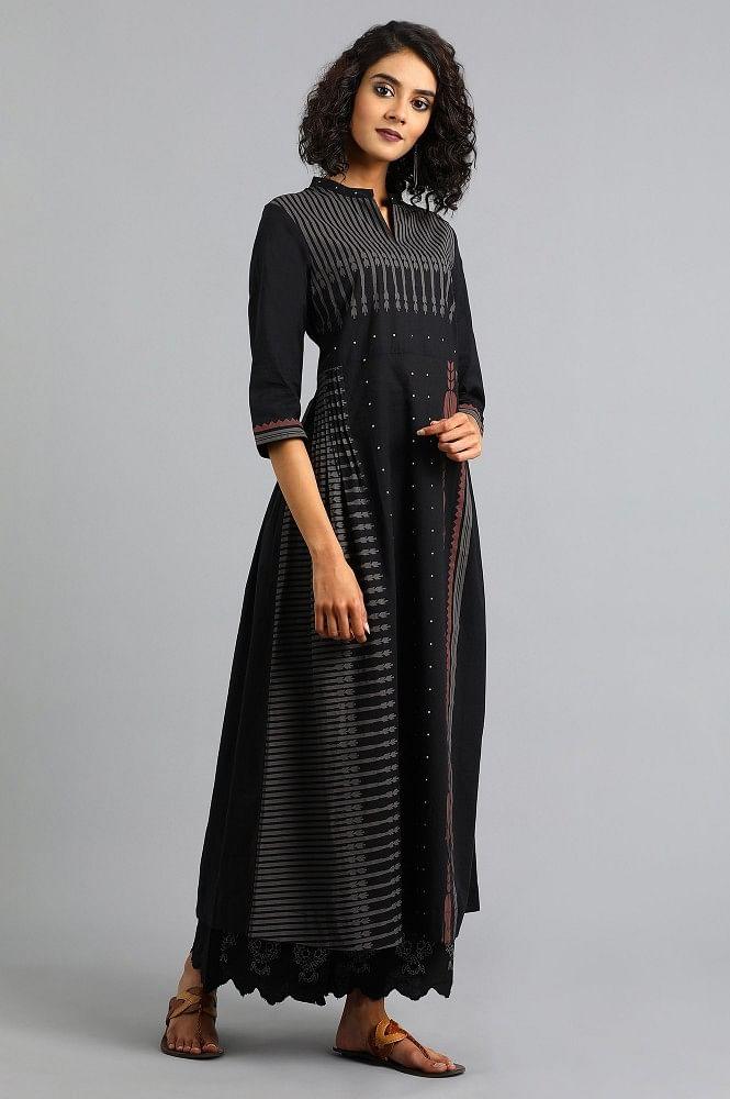 Black Mandarin Neck Printed kurta - wforwoman