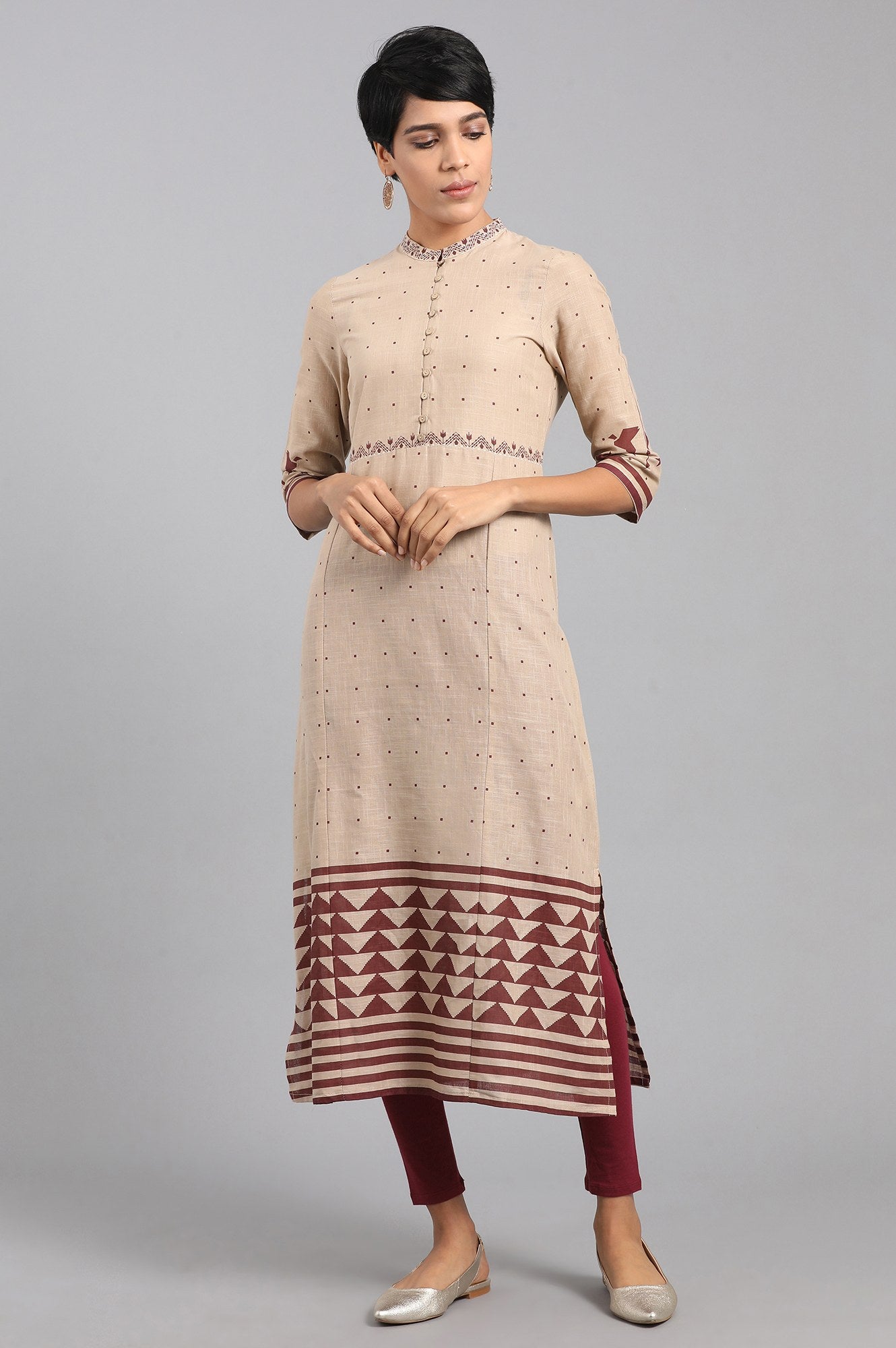 Light Brown Mandarin Neck Printed kurta