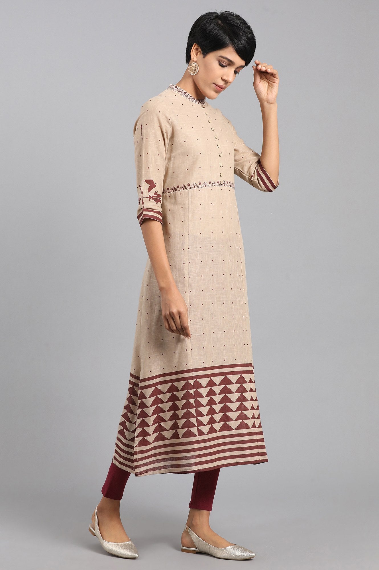 Light Brown Mandarin Neck Printed kurta