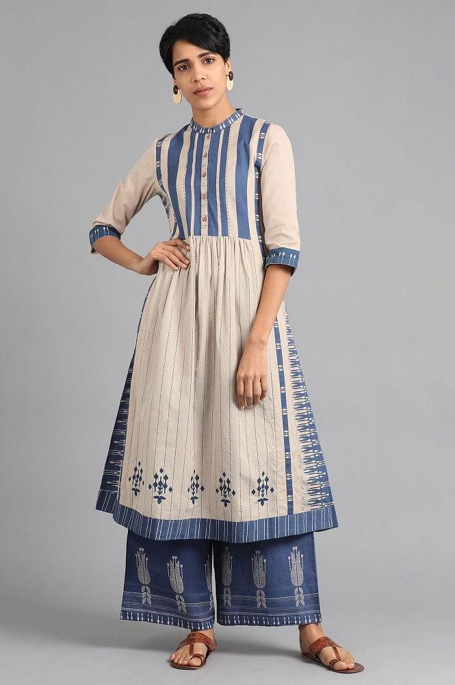 Ecru &amp; Blue Mandarin Neck Printed kurta - wforwoman