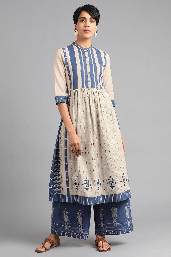 Ecru &amp; Blue Mandarin Neck Printed kurta - wforwoman