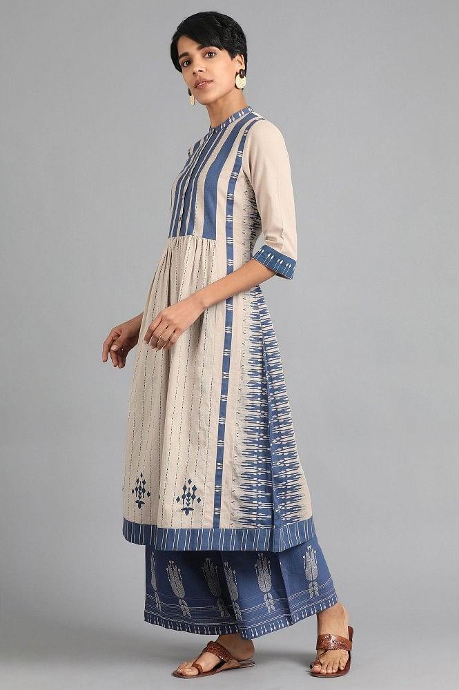 Ecru &amp; Blue Mandarin Neck Printed kurta - wforwoman