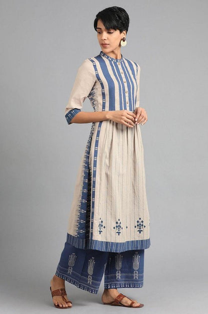 Ecru &amp; Blue Mandarin Neck Printed kurta - wforwoman