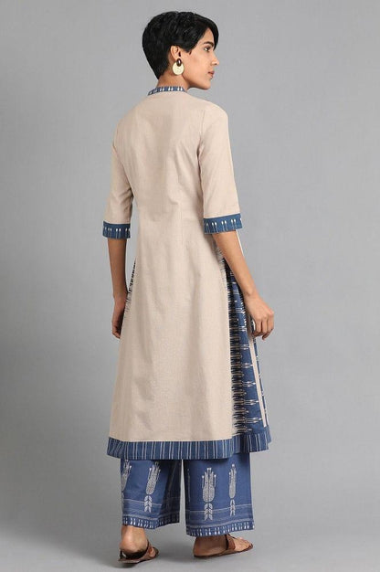 Ecru &amp; Blue Mandarin Neck Printed kurta - wforwoman