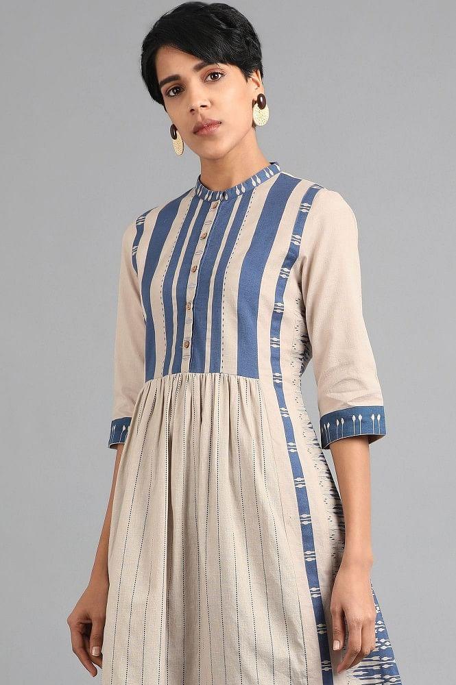 Ecru &amp; Blue Mandarin Neck Printed kurta - wforwoman